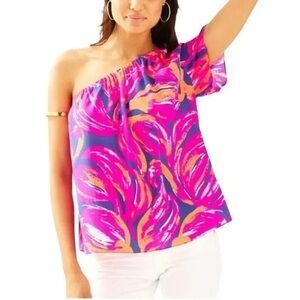 Lily Pulitzer Silk Flamingo One Shoulder Blouse. Size medium